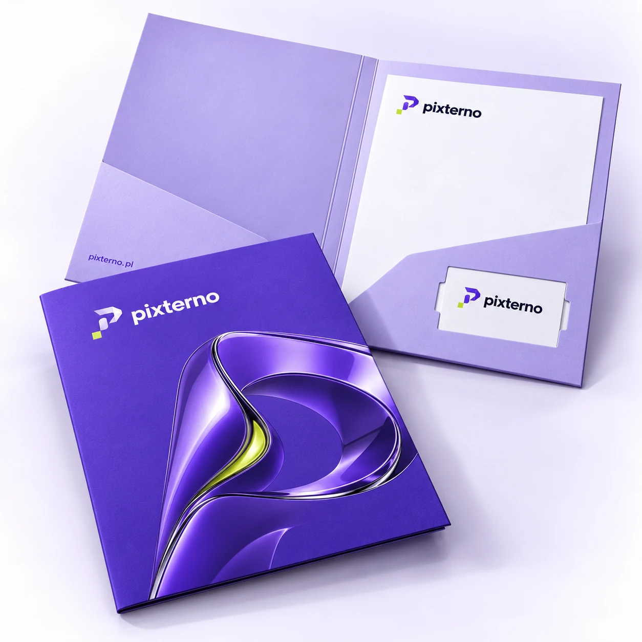 Koncepcja produktu teczki firmowe w identyfikacji PIXTERNO